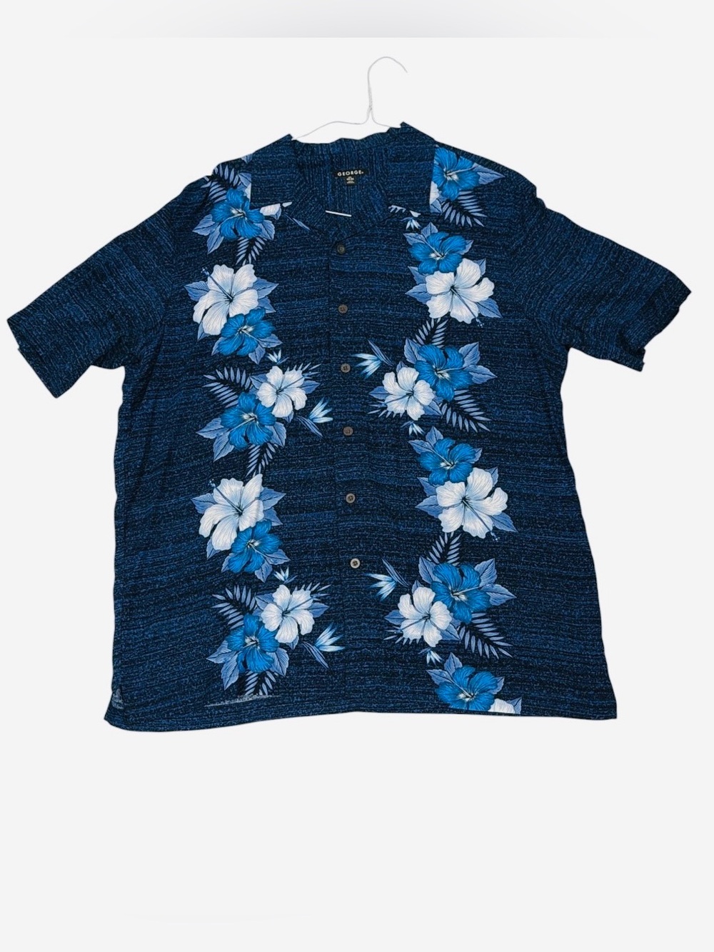 George Men’s 42-44 Large Blue Floral Hawaiian Button Down Shirt